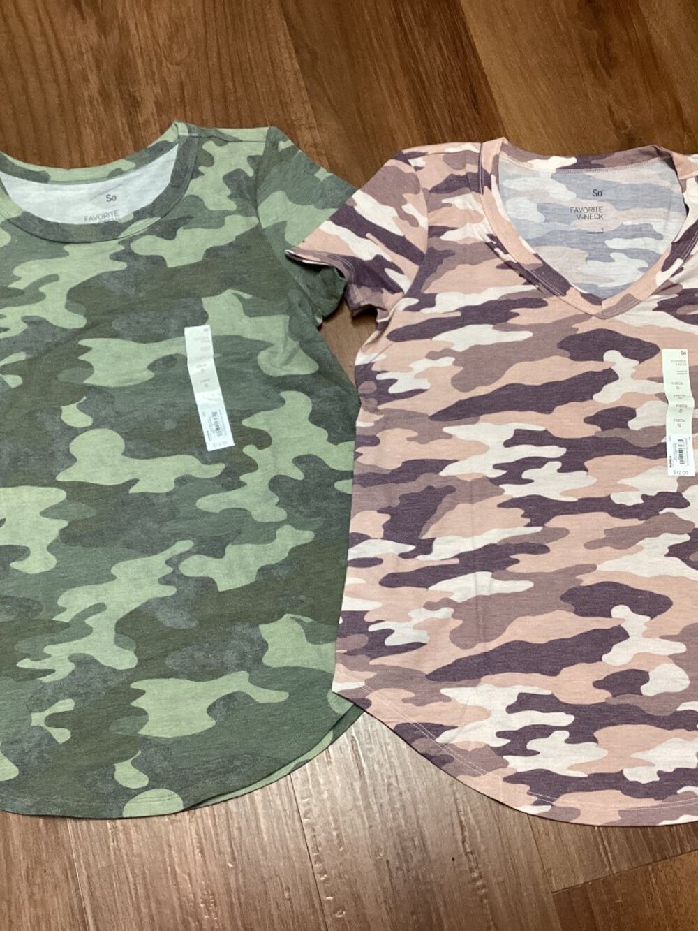 Lot of 2 Size Small Kohl's Camouflage Tops. Green Crew Neck & Purple V Neck.